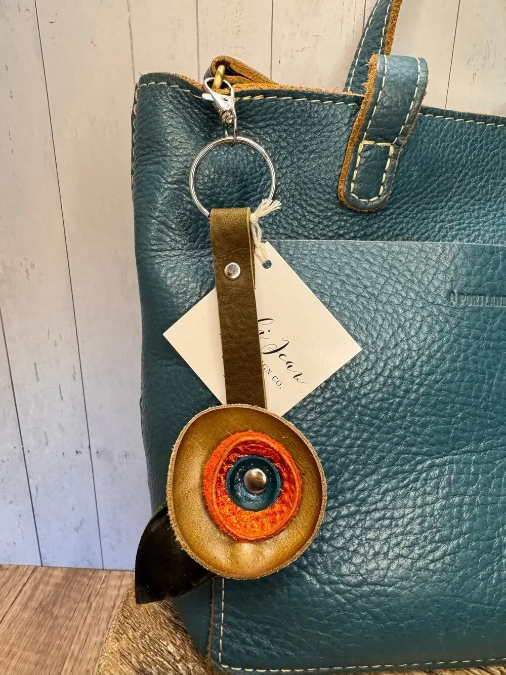 Genuine Leather Round Flower Purse Charm Brown Red Blue Boho Bag Charm
